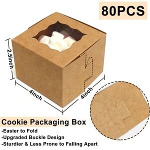 80 Pack Brown Bakery Cookie Boxes 4x4x2.5 Kraft Window Treat Boxes